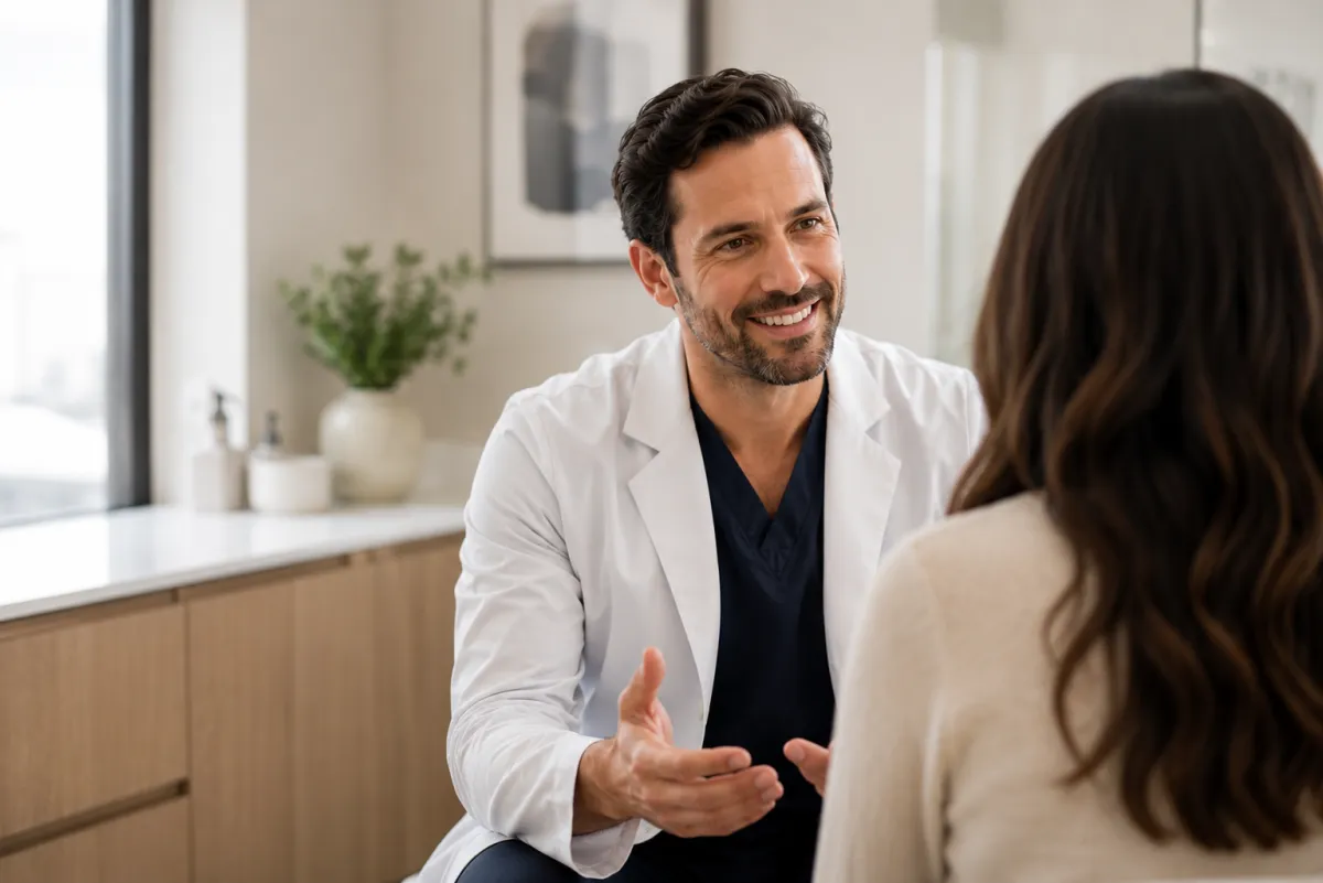 A dermatologist meeting with a patient