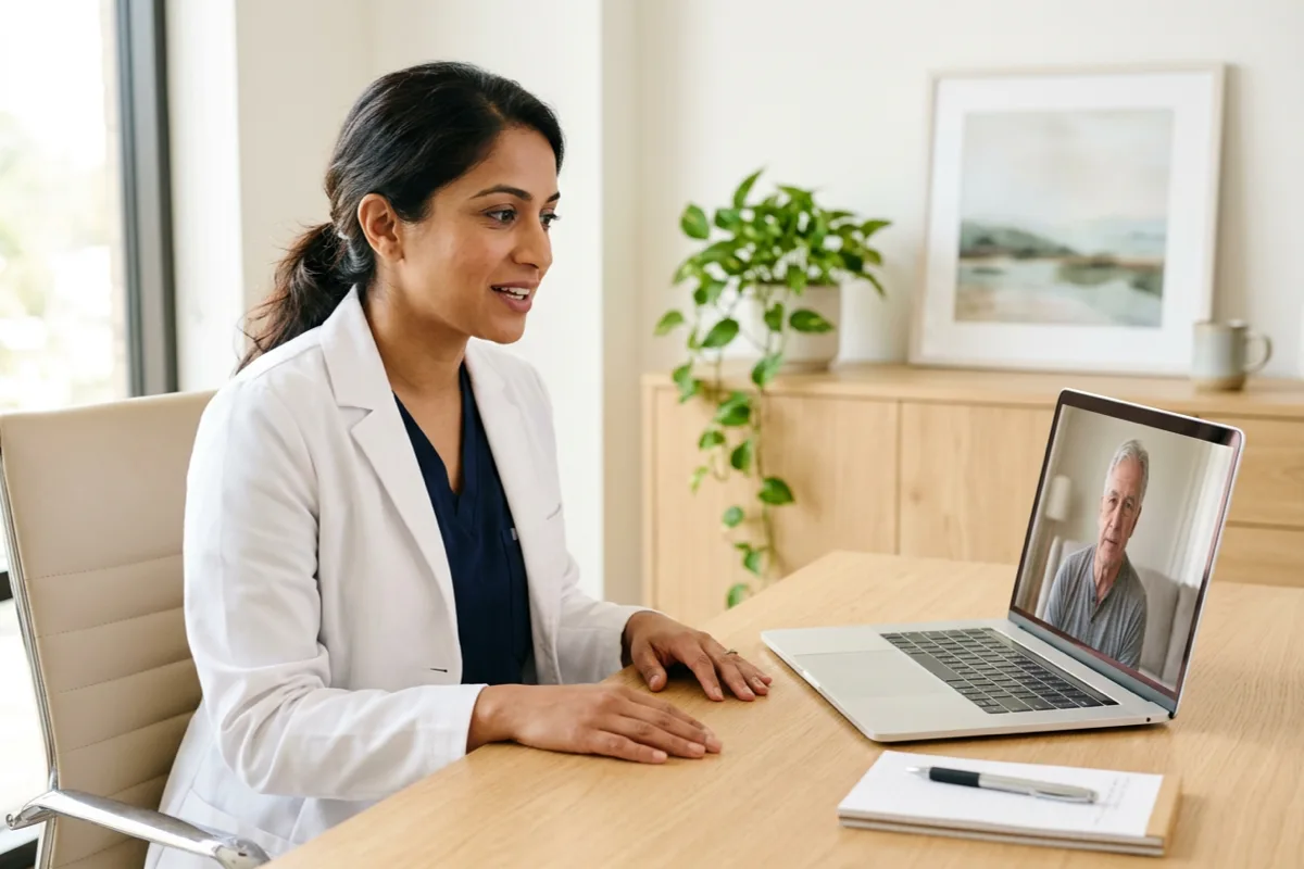 A dermatologist meeting with a patient